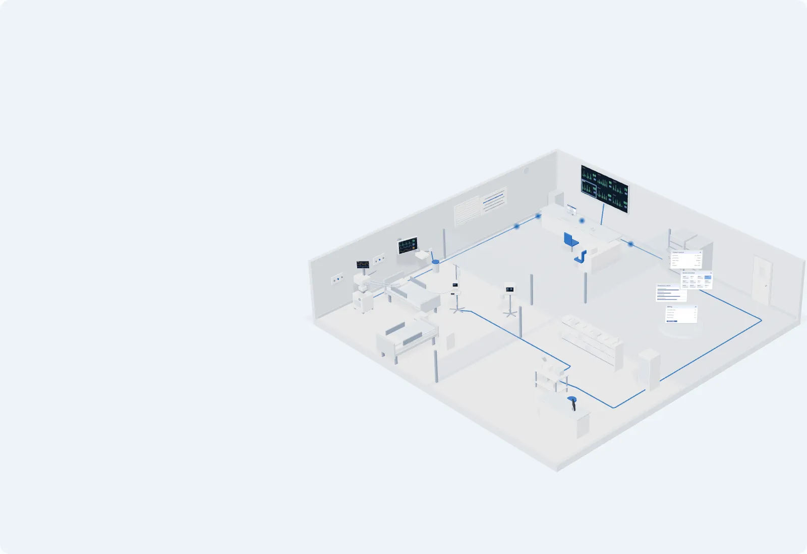 An intensive care unit: a bed with a ventilator on its medical air compressor, a monitor, infusion and syringe pumps and a high-flow unit, connected to the nurses’ central monitoring station, the hospital information system and the pharmacy.